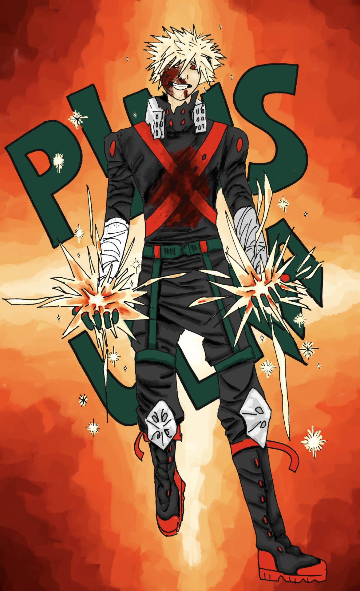 digital coloring of post-resurrection bakugou smiling. he’s got explosions in his hands and all around him, and the background behind him is also kind of exploding, and it also says plus ultra behind him